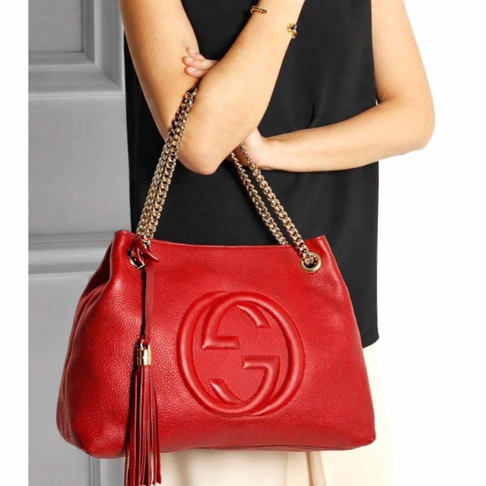 Gucci authentic SoHo red leather shoulder bag tote light gold hardware GG